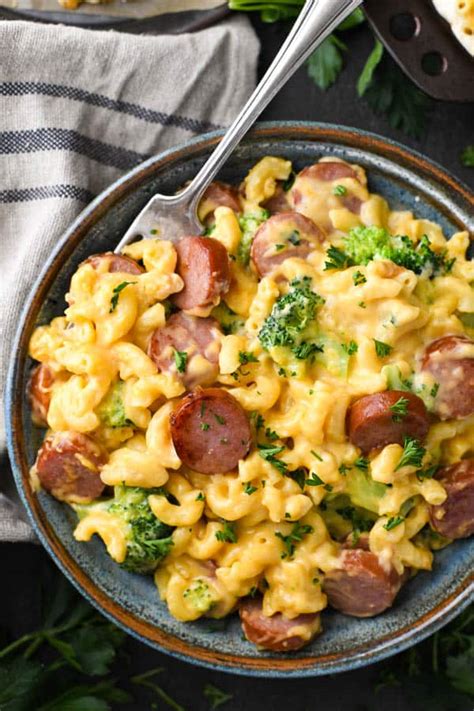 cheesy-smoked-sausage-pasta-with-broccoli-the image