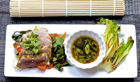 seared-tuna-with-bok-choy-and-stir-fried-veggies image