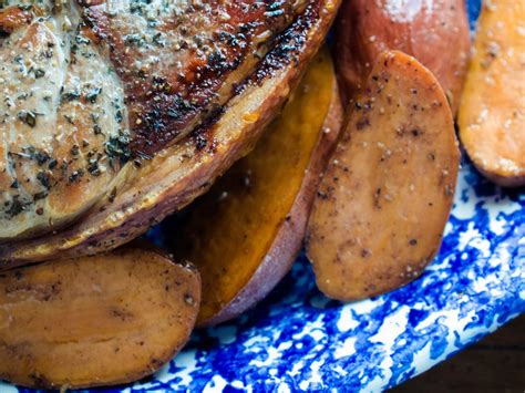 fresh-easter-ham-with-roasted-sweet-potatoes-food image