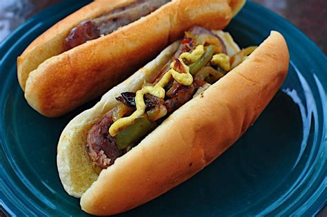 pan-grilled-bratwurst-with-onions-and-peppers image