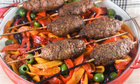 grilled-meatball-kebabs-and-roasted-pepper-salad image