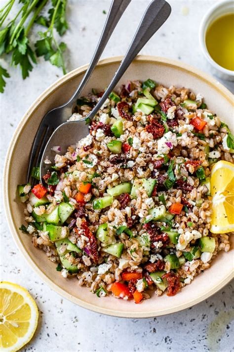 farro-salad-with-feta-cucumbers-and-sun-dried-tomatoes image