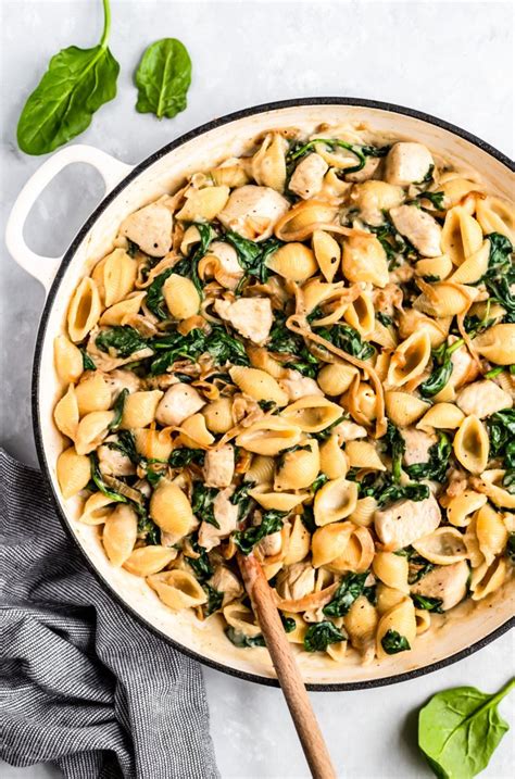 caramelized-onion-spinach-chicken-pasta-bake image