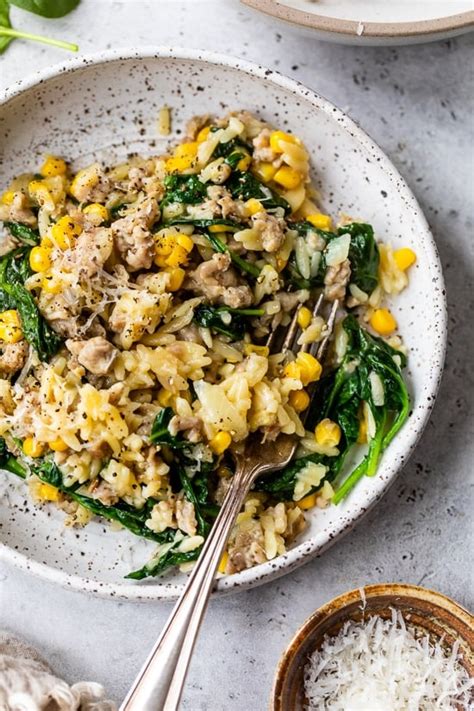 one-pot-orzo-with-sausage-spinach-and-corn image