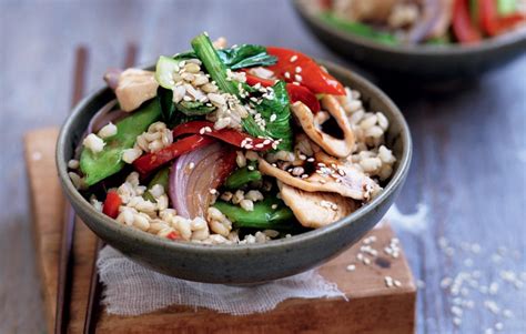 stir-fried-barley-with-chicken-and-bok-choy-healthy image