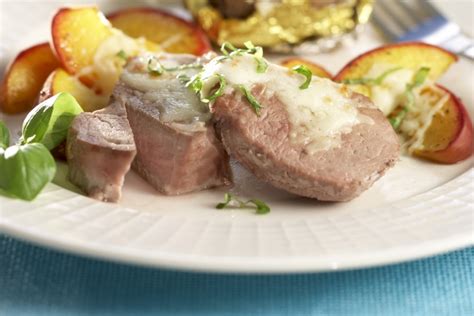 pork-tenderloin-with-peaches-basil-and-mozzarella image