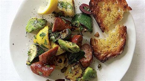 grilled-sausage-with-summer-squash-fresh-herbs image