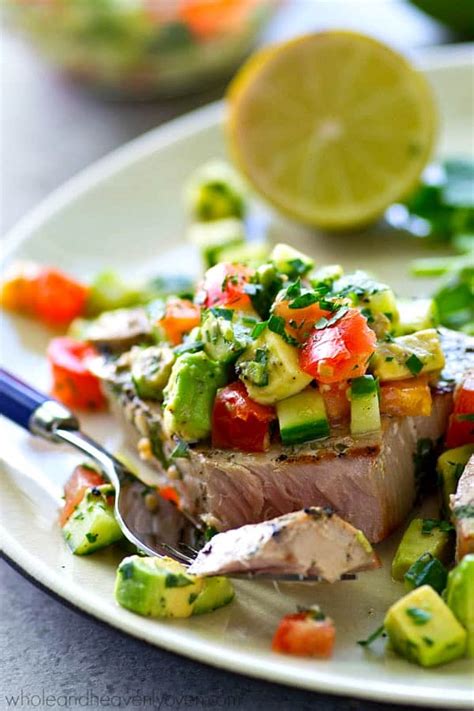 cilantro-lime-grilled-tuna-with-avocado-cucumber-salsa image
