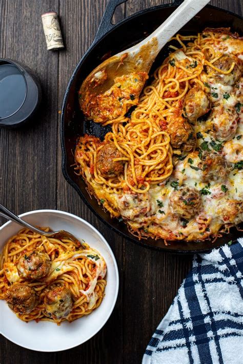 cheesy-baked-spaghetti-and-meatballs-recipe-kitchen image