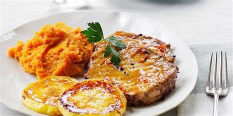 grilled-pork-with-glazed-apples-and-yam-mash image