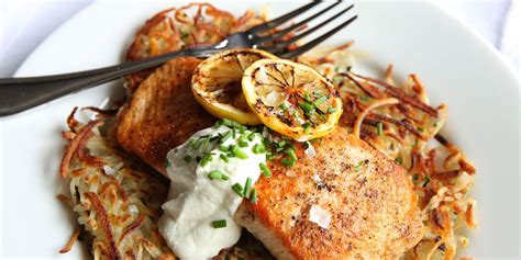 seared-salmon-with-potato-pancakes-and-yogurt-sauce image