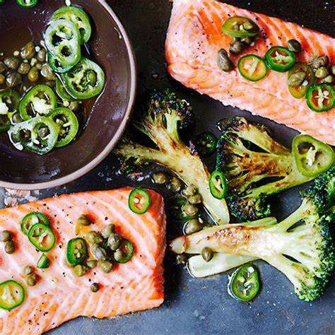 roast-salmon-and-broccoli-with-chile-caper-vinaigrette image