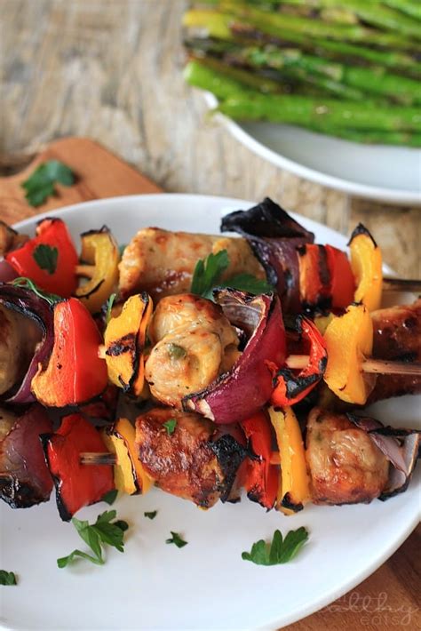 grilled-chicken-sausage-pepper-onion-kabobs image