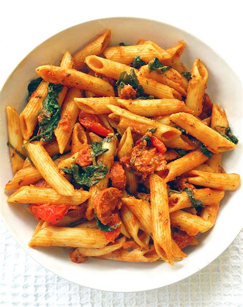 spinach-and-chorizo-red-pesto-penne-olive-tree image