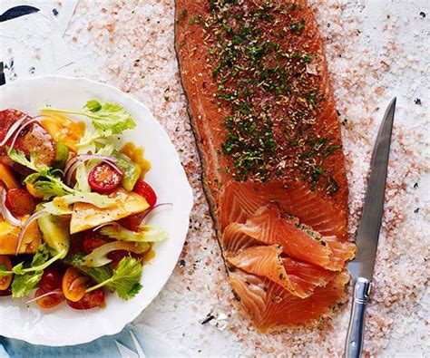 cured-salmon-with-bloody-mary-salad-recipe-gourmet image