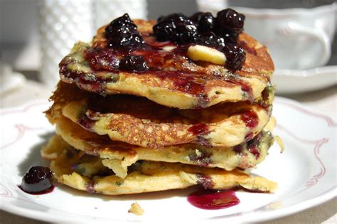 buttermilk-cornmeal-pancakes-with-blueberry-syrup-a image