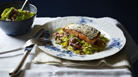 grilled-salmon-braised-cabbage-with-bacon-and-onions image