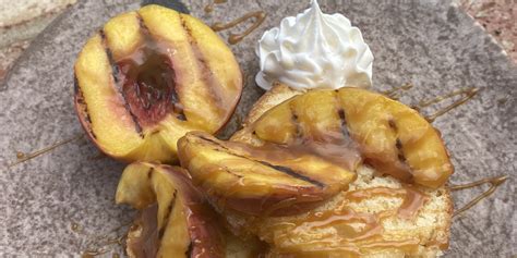 pound-cake-with-grilled-peaches-and-salted-caramel image