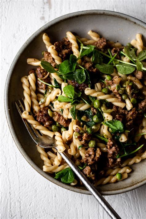 spring-lamb-pasta-with-peas-and-greens-american image