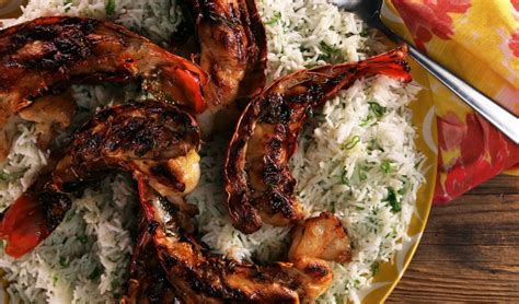 grilled-lobster-tail-with-jerk-sauce-and-coconut-rice image