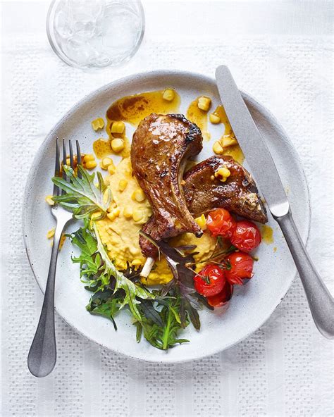 sweetcorn-houmous-with-lamb-chops-and-tomatoes image