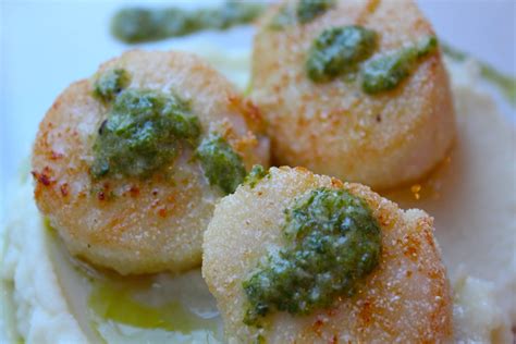 cornmeal-crusted-scallops-with-mint-chimichurri image
