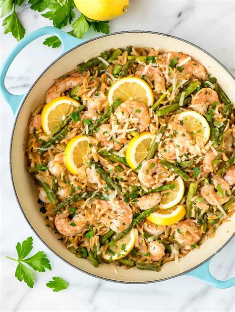 shrimp-orzo-with-lemon-and-asparagus-well-plated image