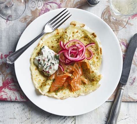 gravadlax-with-dill-crpes-chilli-chive-cream-and-pickled-onion image