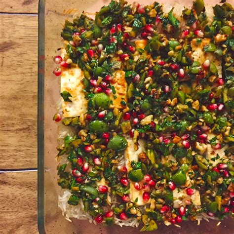 bon-appetits-baked-minty-rice-with-feta-and-pomegranate-relish image