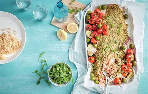 pesto-crusted-salmon-with-tomatoes-and-olives image