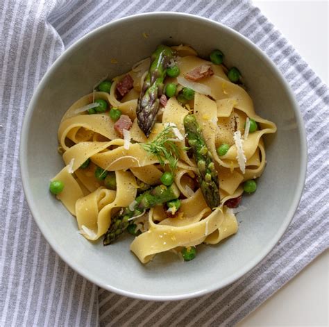 pappardelle-pasta-with-pancetta-peas-and-asparagus image