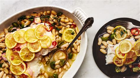roast-fish-with-cannellini-beans-and-green-olives image