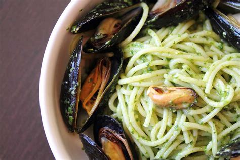 pasta-with-pesto-mussels-marx-foods-blog image