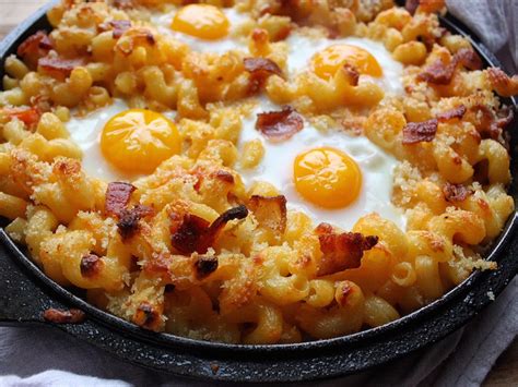breakfast-mac-and-cheese-with-baked-eggs-indulgent image