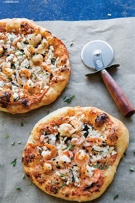 shrimp-and-feta-pizza-with-roasted-red-pepper-pesto image