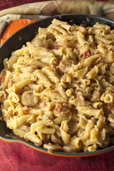 cheesy-chicken-sausage-pasta-skillet-wishes-and-dishes image