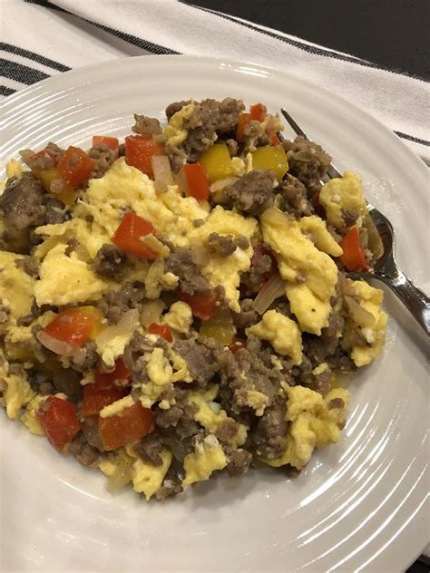 scrambled-eggs-with-sausage-onions-and-peppers image