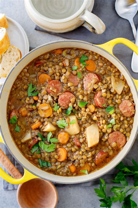 rustic-lentil-stew-recipe-lentil-soup-with-kielbasa image