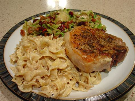 thyme-garlic-pork-chops-with-egg-noodles-in-sour image