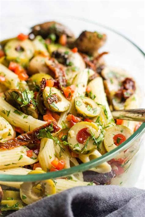 marinated-mushroom-pasta-salad-with-green-olives image