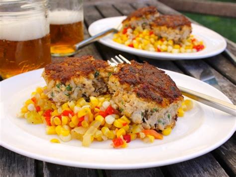 bacon-crab-cakes-with-pimiento-corn-relish-cooking image