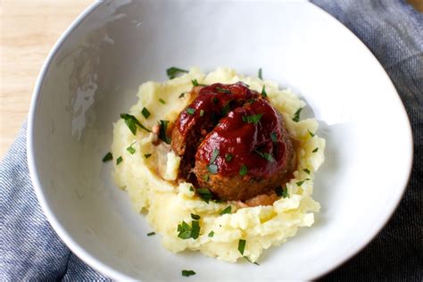 tomato-glazed-meatloaves-with-brown-butter-mashed image