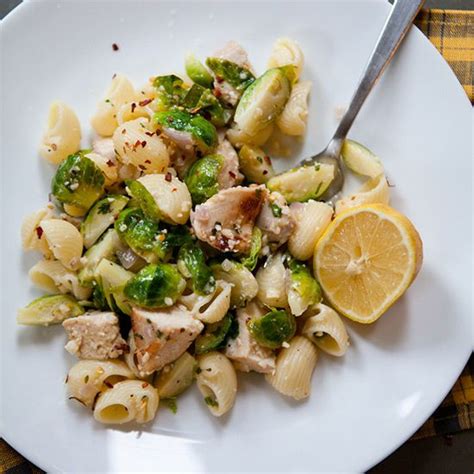 pasta-shells-with-chicken-and-brussels-sprouts-food image