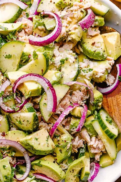 easy-avocado-tuna-salad-with-cucumbers-diethood image