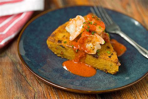 shrimp-polenta-cakes-with-roasted-red-pepper-sauce image