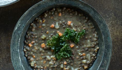 fall-fare-french-lentil-soup-with-crispy-kale-food image
