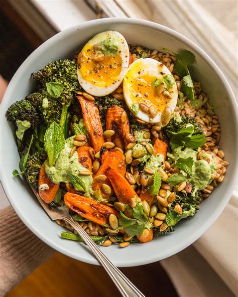 farro-bowl-with-carrots-broccolini-and-yogurt-dressing image