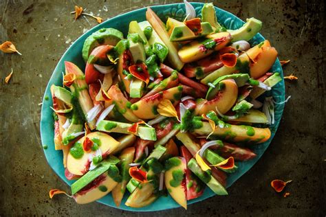tomato-peach-and-avocado-salad-with-cilantro-vinaigrette image