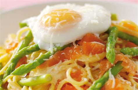 smoked-salmon-carbonara-with-fried-egg-and-asparagus image