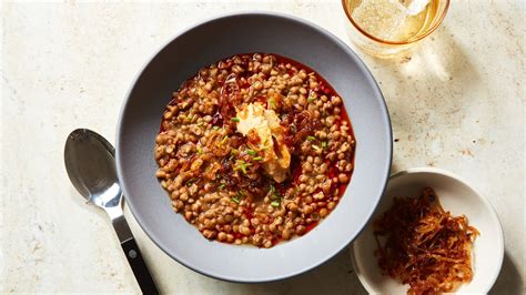 lentils-with-caramelized-onion-aioli-and-crispy-chile-oil image
